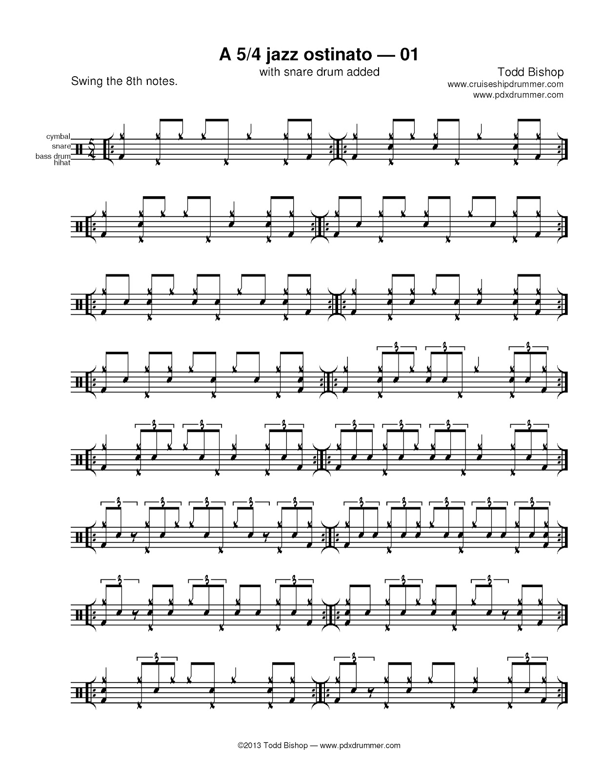 Cruise Ship Drummer! 5/4 jazz ostinato with snare drum — 01